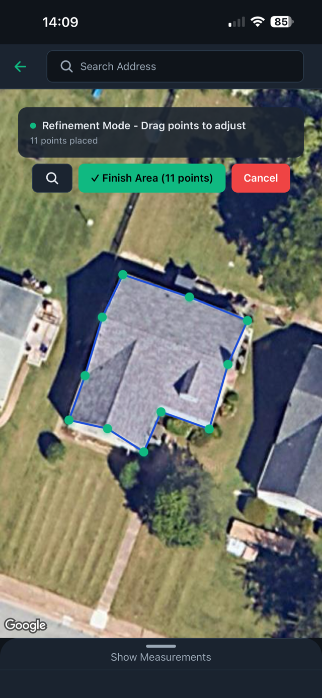 Refinement mode — emerald drag-points outline a roof on satellite imagery.