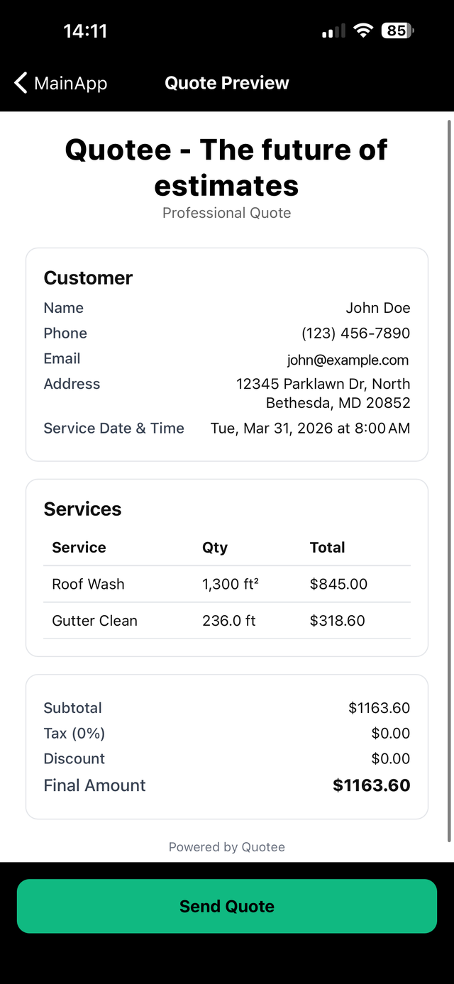 The branded customer-facing quote preview, Powered by QuoteE, with line items and the final amount.