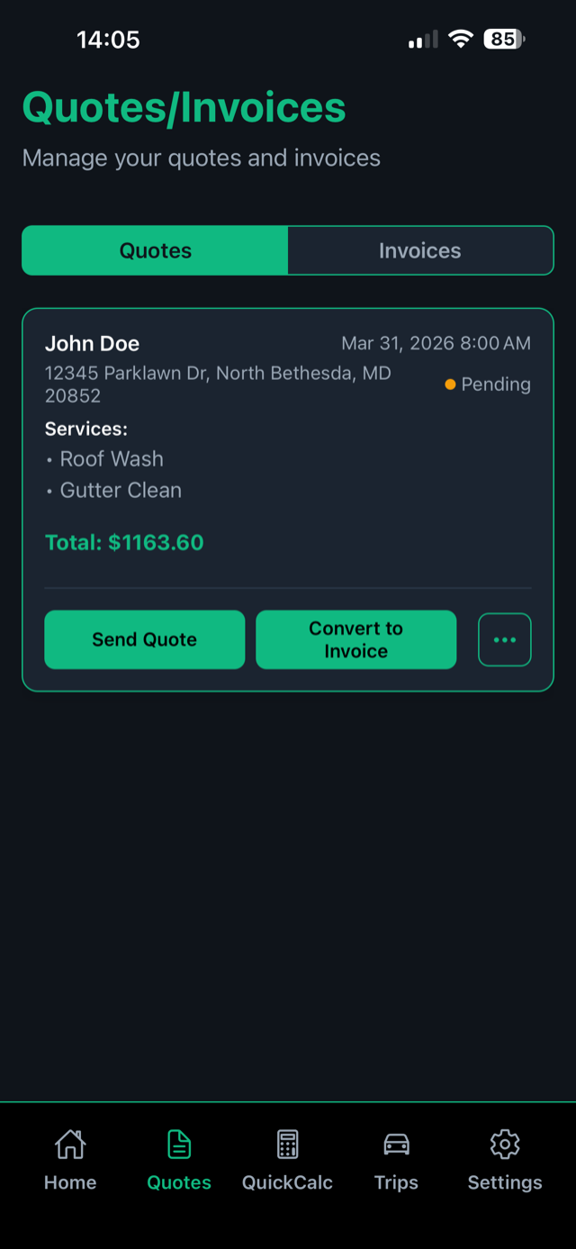 A quote for John Doe with Convert to Invoice and Send Quote actions and the total.