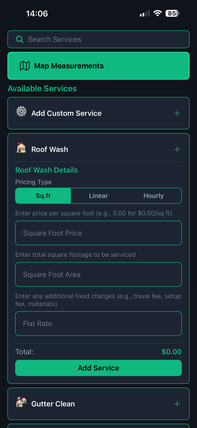 Roof Wash service with a Sq.ft, Linear, Hourly pricing selector and a live total.