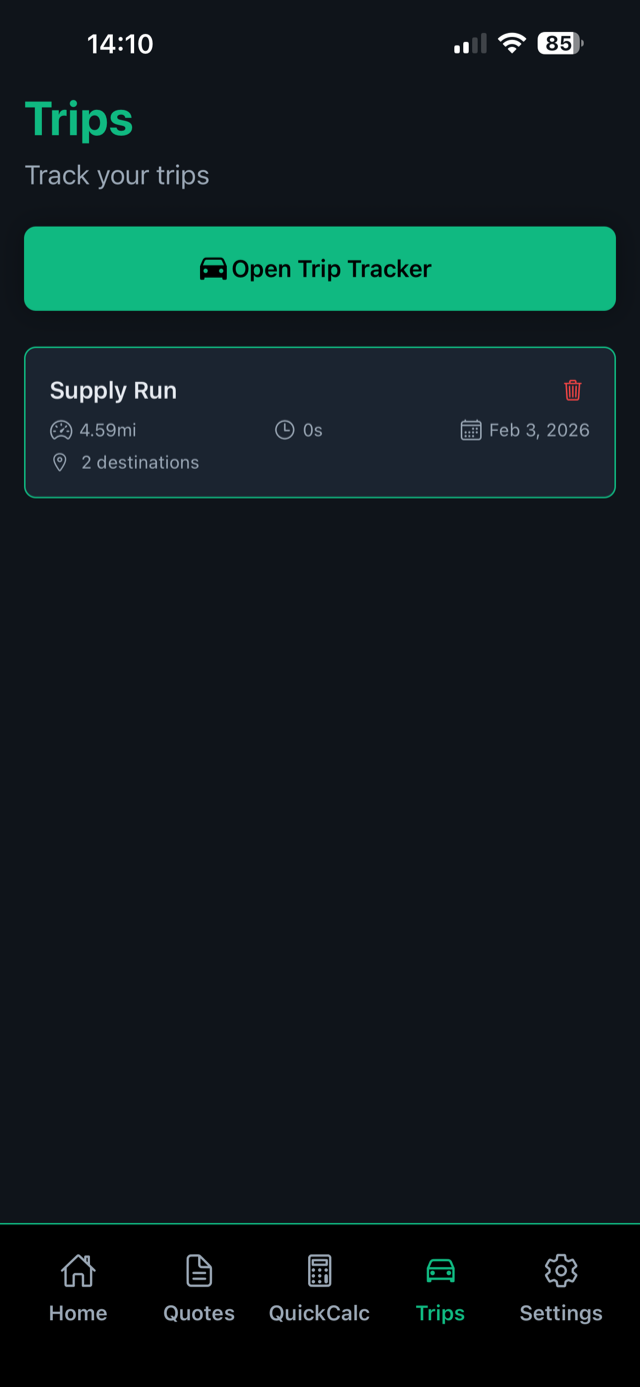 Trips screen logging a Supply Run with distance, destinations and date.